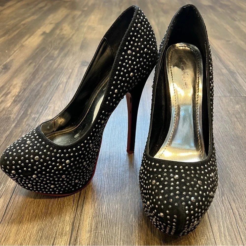 Alba Red Sole Black Suede Silver Rhinestone Platform Stiletto High Heels 8.5